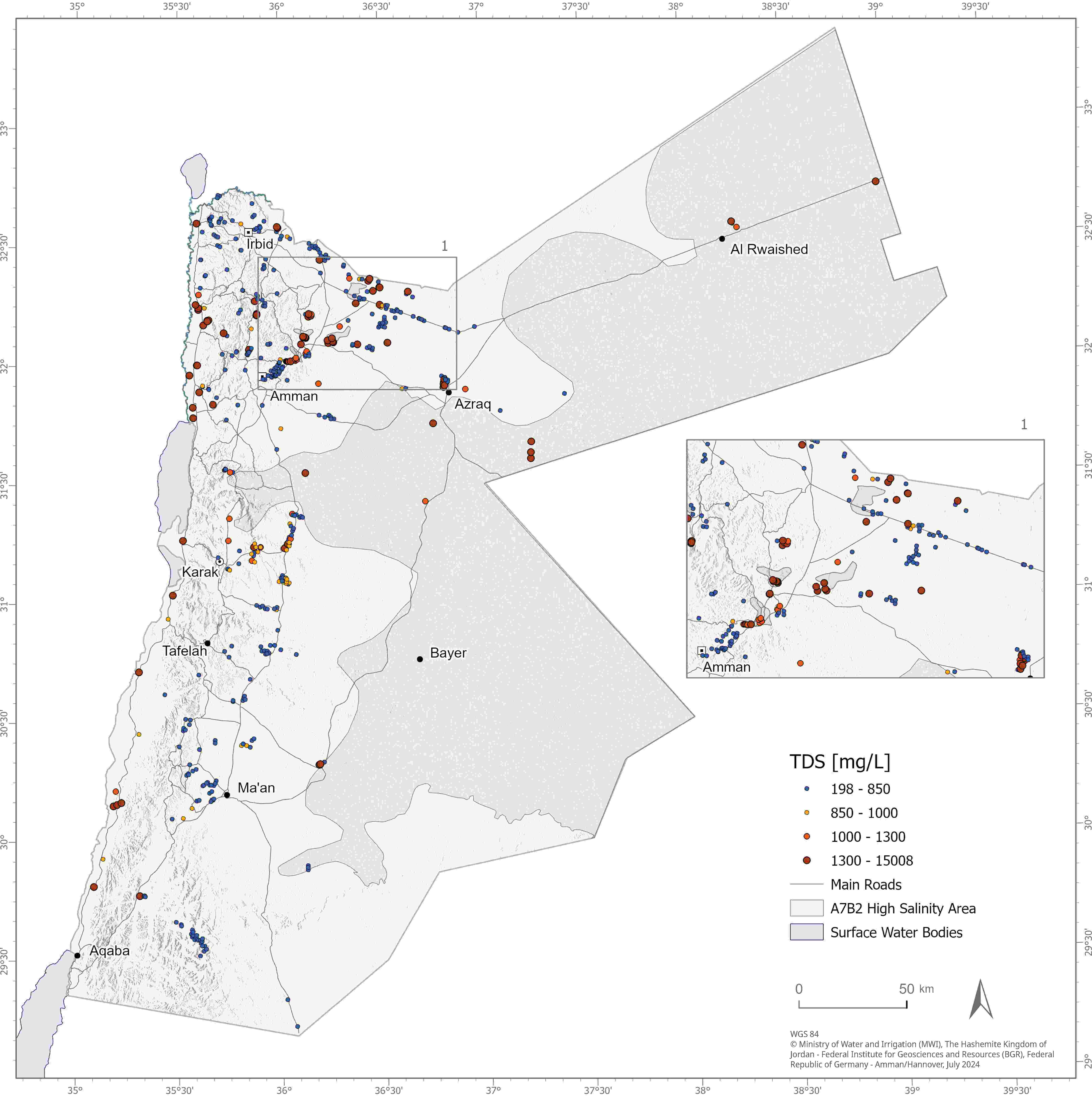 Map of the TDS in Groudnwater in Jordan Map of the TDS concentration in Groudnwater in Jordan